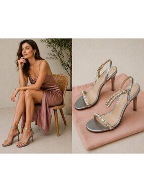 Stuart Weitzman Pearl Strap Heels Silver Leather Slingback Sandals Size 12 EU 42